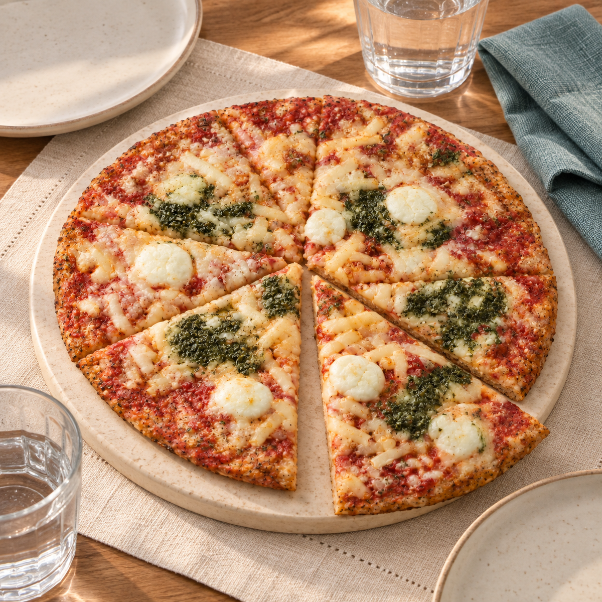 SRSLY three cheese and pesto pizza sliced and served for pizza night