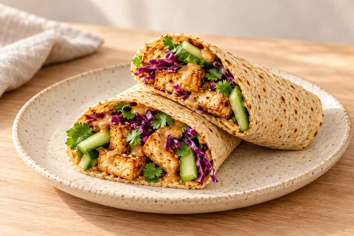 A SRSLY wrap filled with golden tofu, peanut satay sauce, cucumber and crunchy cabbage.