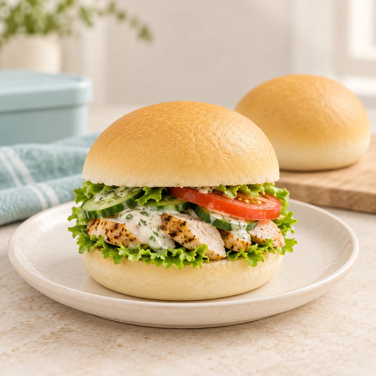 Grilled chicken salad served in a pale SRSLY low carb white roll