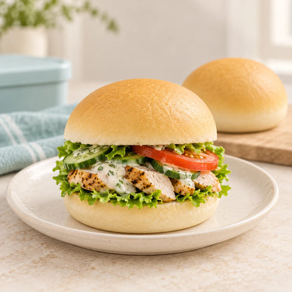 Grilled chicken salad served in a pale SRSLY low carb white roll