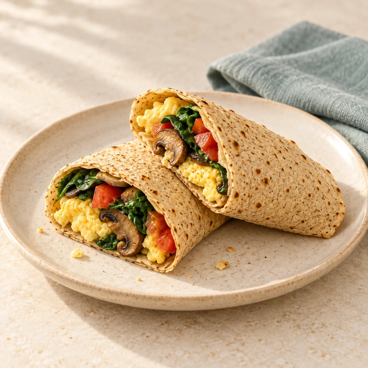 SRSLY low carb breakfast wrap filled with scrambled egg, mushrooms, spinach and tomato