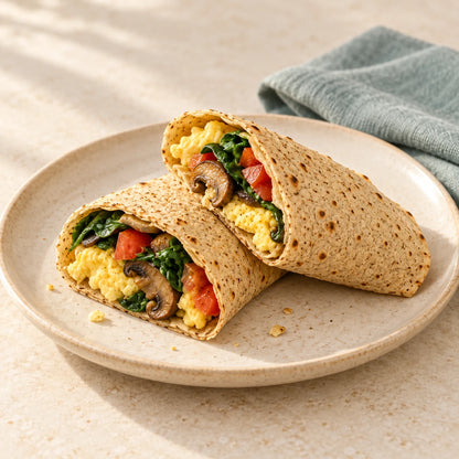 SRSLY low carb breakfast wrap filled with scrambled egg, mushrooms, spinach and tomato