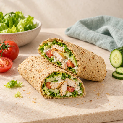 SRSLY low carb wrap filled with chicken, lettuce, cucumber and tomato
