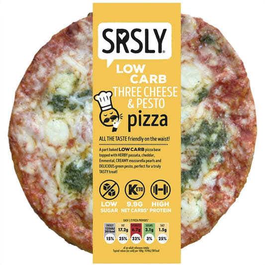 SRSLY low carb three cheese and pesto pizza in original golden-yellow packaging
