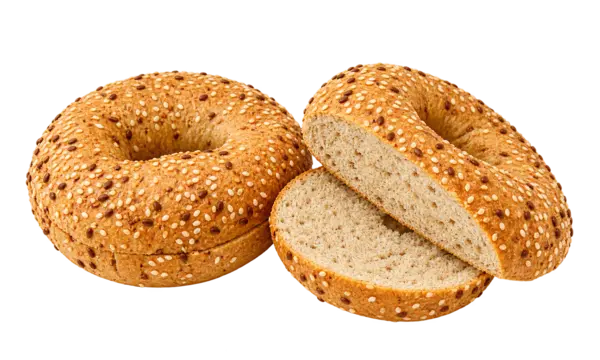Two sliced SRSLY sesame bagels