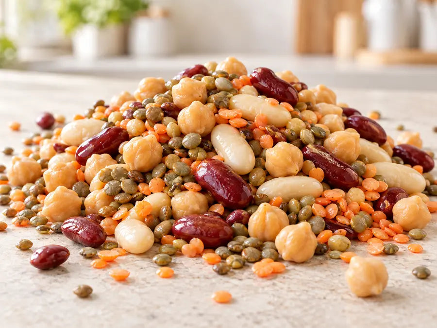 A pile of mixed pulses including chickpeas, lentils and beans