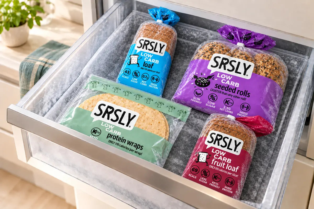 SRSLY low carb loaf, seeded rolls, protein wraps and fruit loaf stored in a freezer drawer