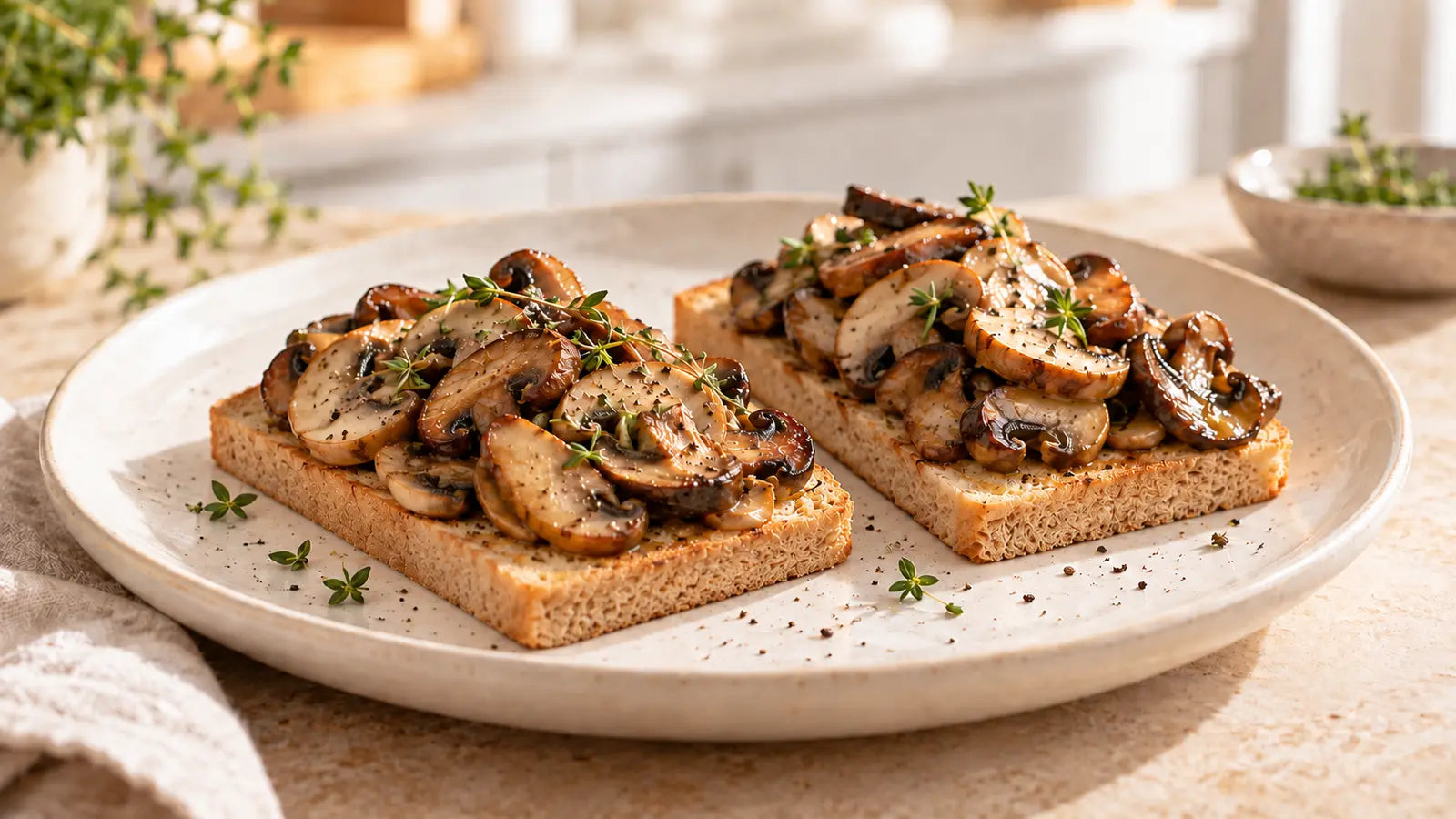 Sautéed mushrooms and thyme served on two slices of SRSLY soft toast