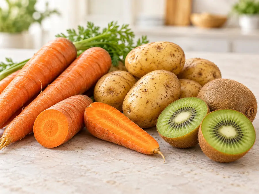 Carrots, potatoes and kiwi fruit shown with their edible skins on