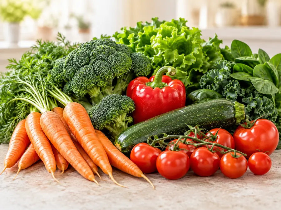 A colourful pile of fresh vegetables including carrots, broccoli, peppers and tomatoes