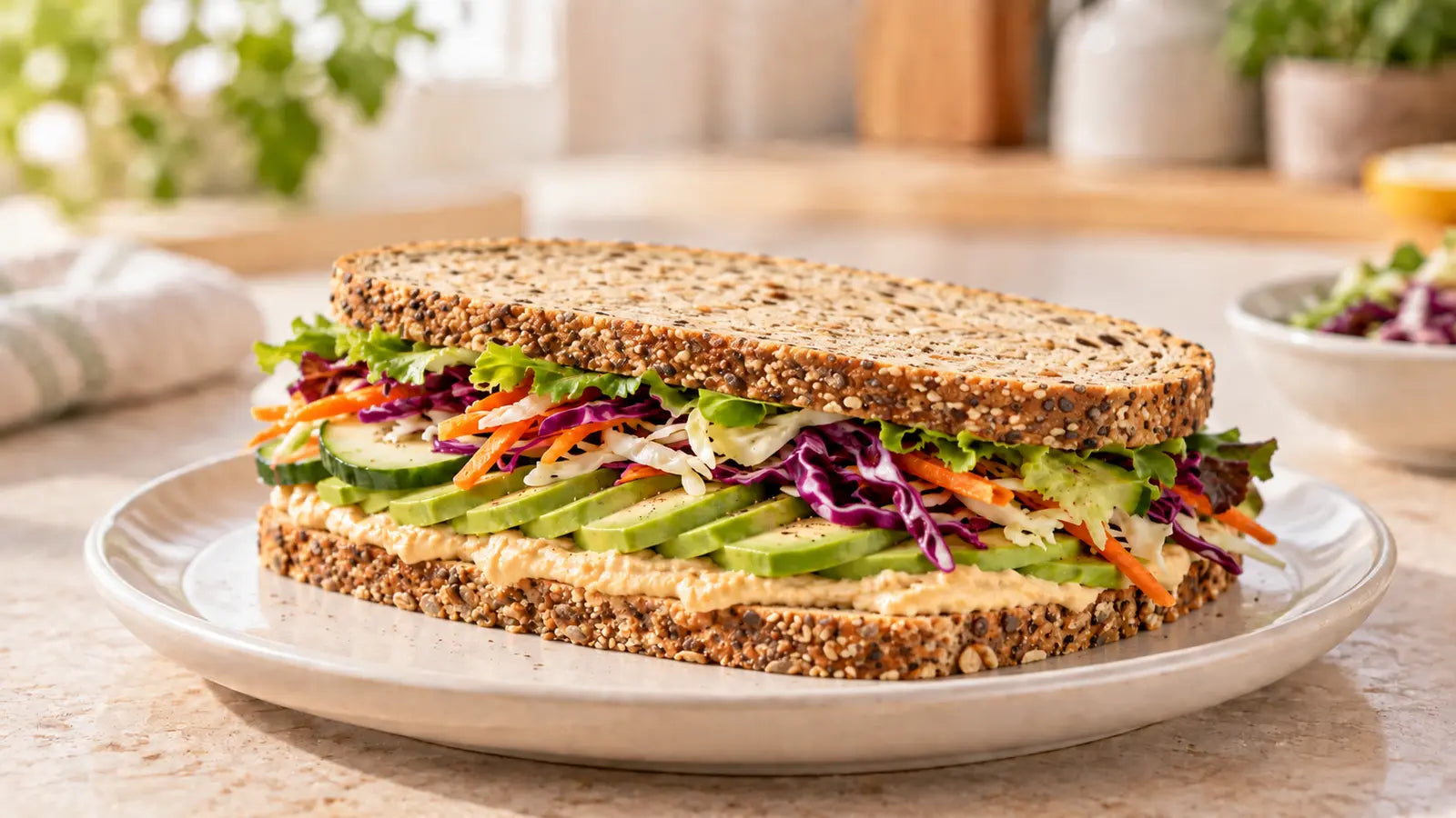 SRSLY seeded bread sandwich filled with hummus, avocado and crunchy salad