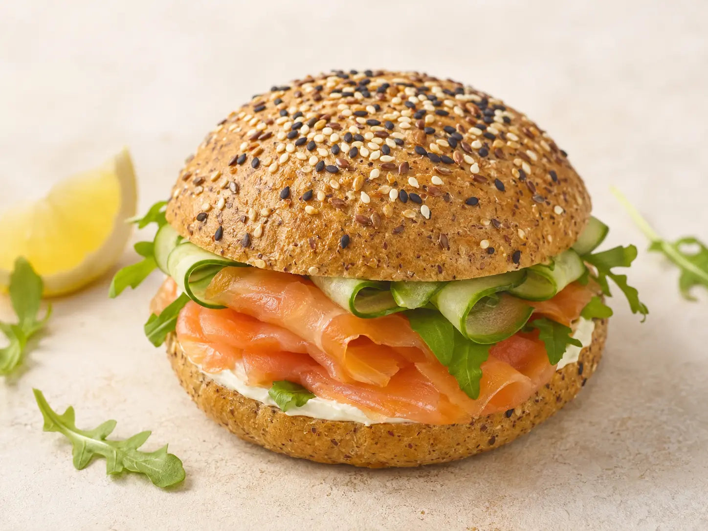SRSLY seeded bread roll filled with smoked salmon, cream cheese, cucumber and rocket